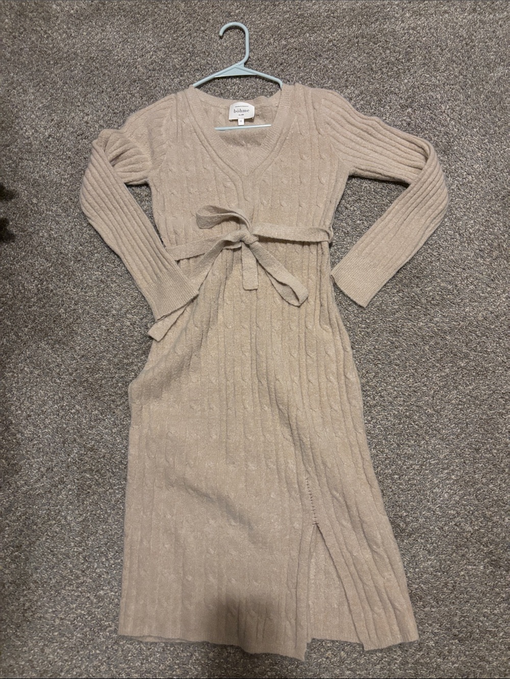 Böhme Cable Knit V-Neck Sweater Dress in Light Beige